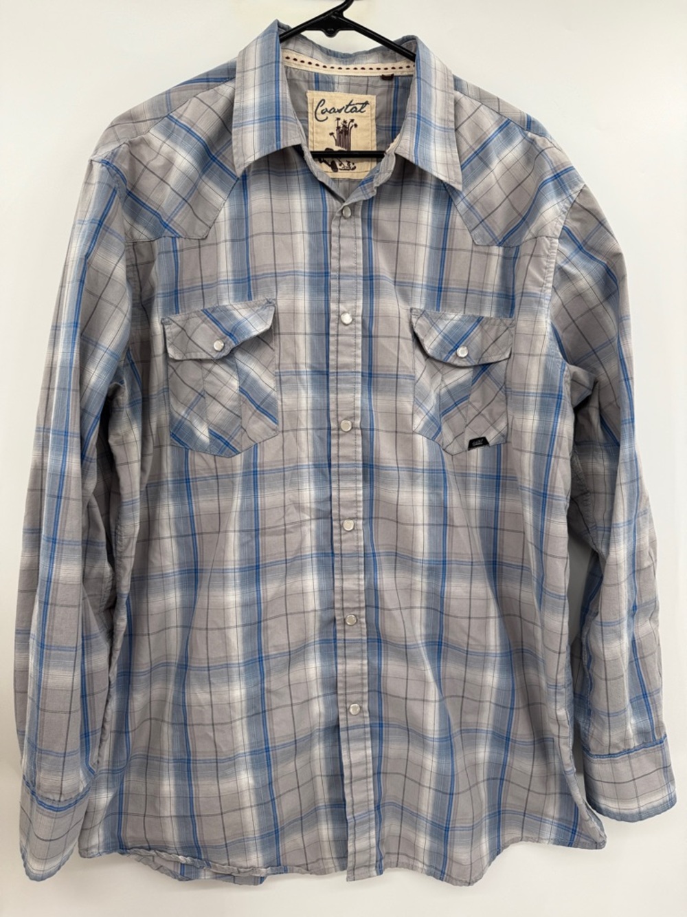 Gray and blue plaid western pearl snap long sleeve shirt Size XL Cowboy cut
